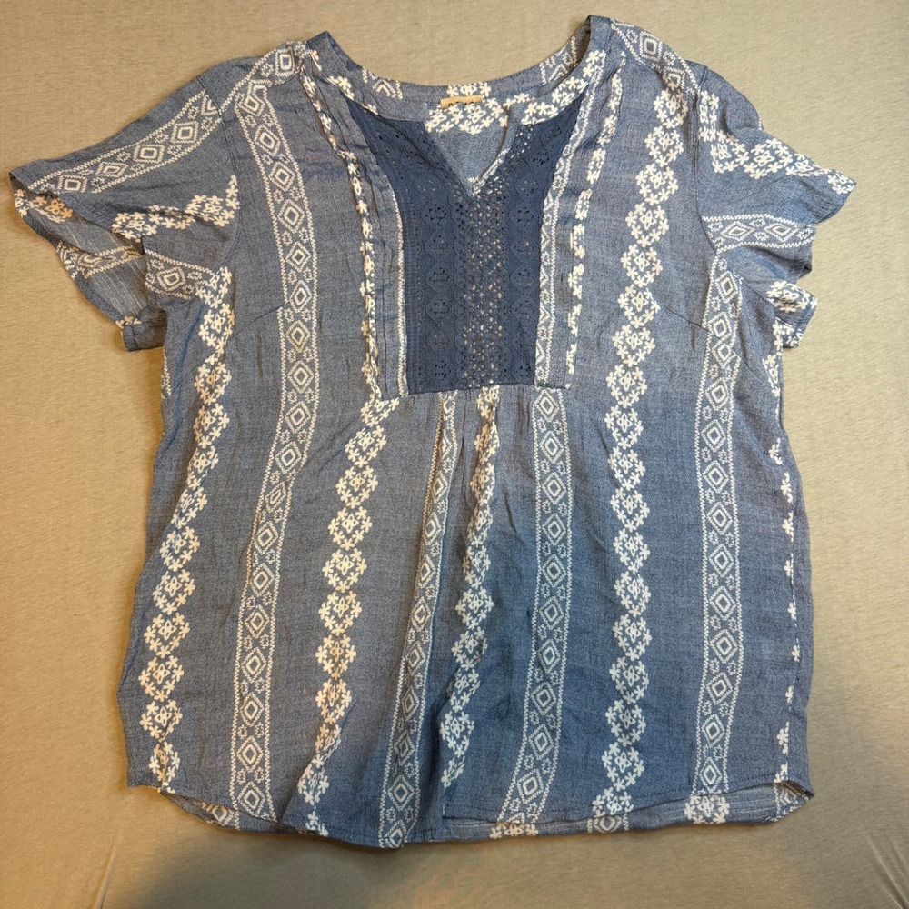 Blue White Boho Geometric Lace Bib Short Sleeve Blouse Top M Aztec Indie